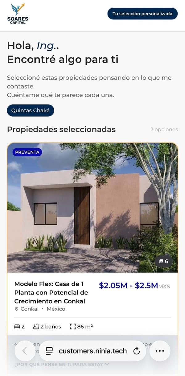 Link personal que Ninia arma para cada prospecto, con las propiedades elegidas para él